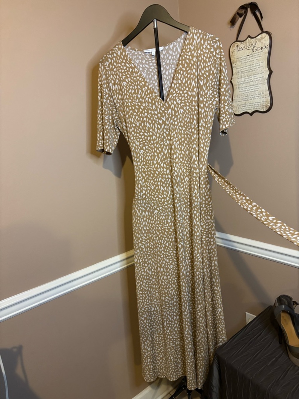 Preston & York Tan with White Dot Print Wrap Maxi Dress